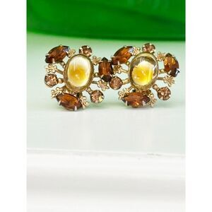 Vintage Beau Jewels Topaz Colored Rhinestone Clip On Earrings